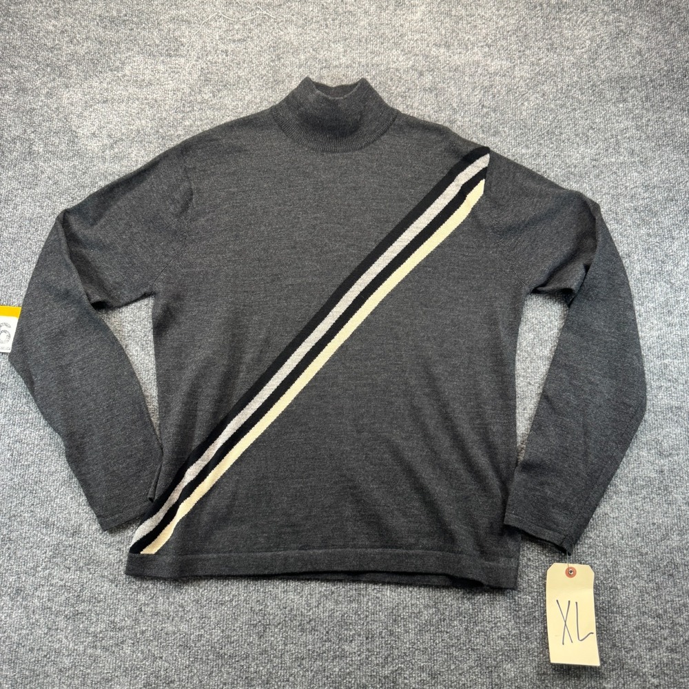 DKNY Sweater Mens XL Gray Wool Diagonal Stripe Mock Neck Long Sleeve Pullover